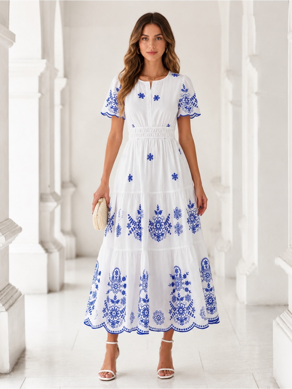 NEW - Blue & White Boho Embroidered Maxi Dress with Pockets - Picture 2 of 7